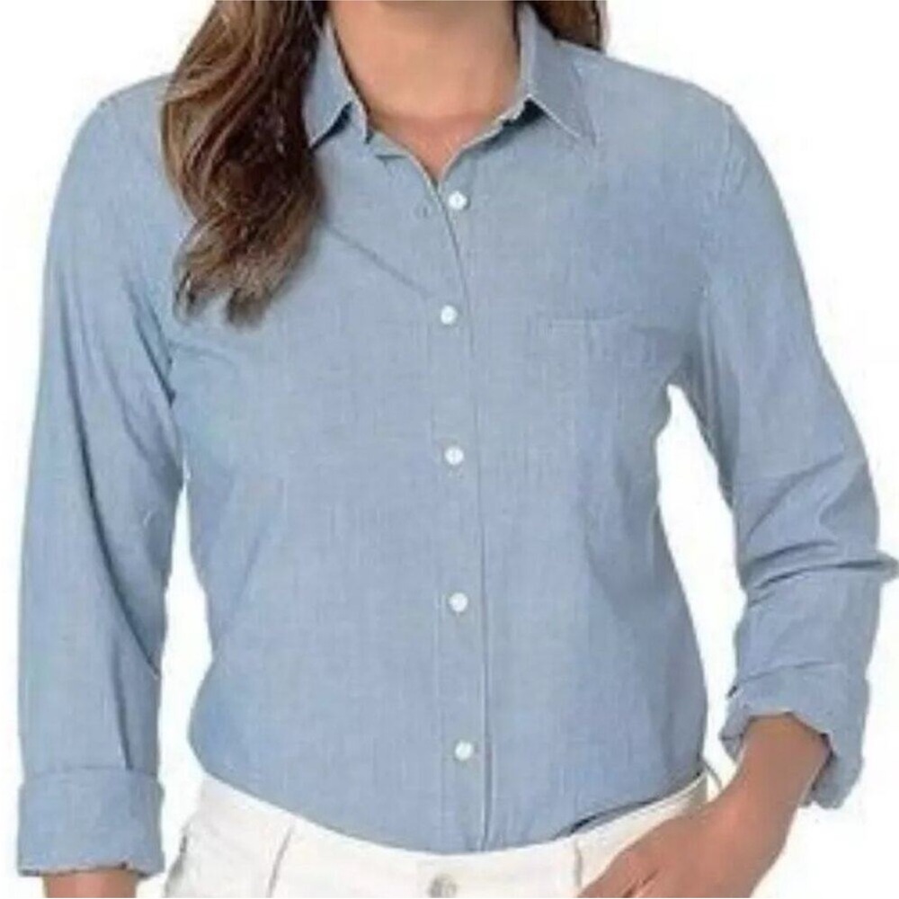 UNTUCKit Women's Button Up Long Sleeve Chambray Shirt Valori in Denim Blue Sz 2